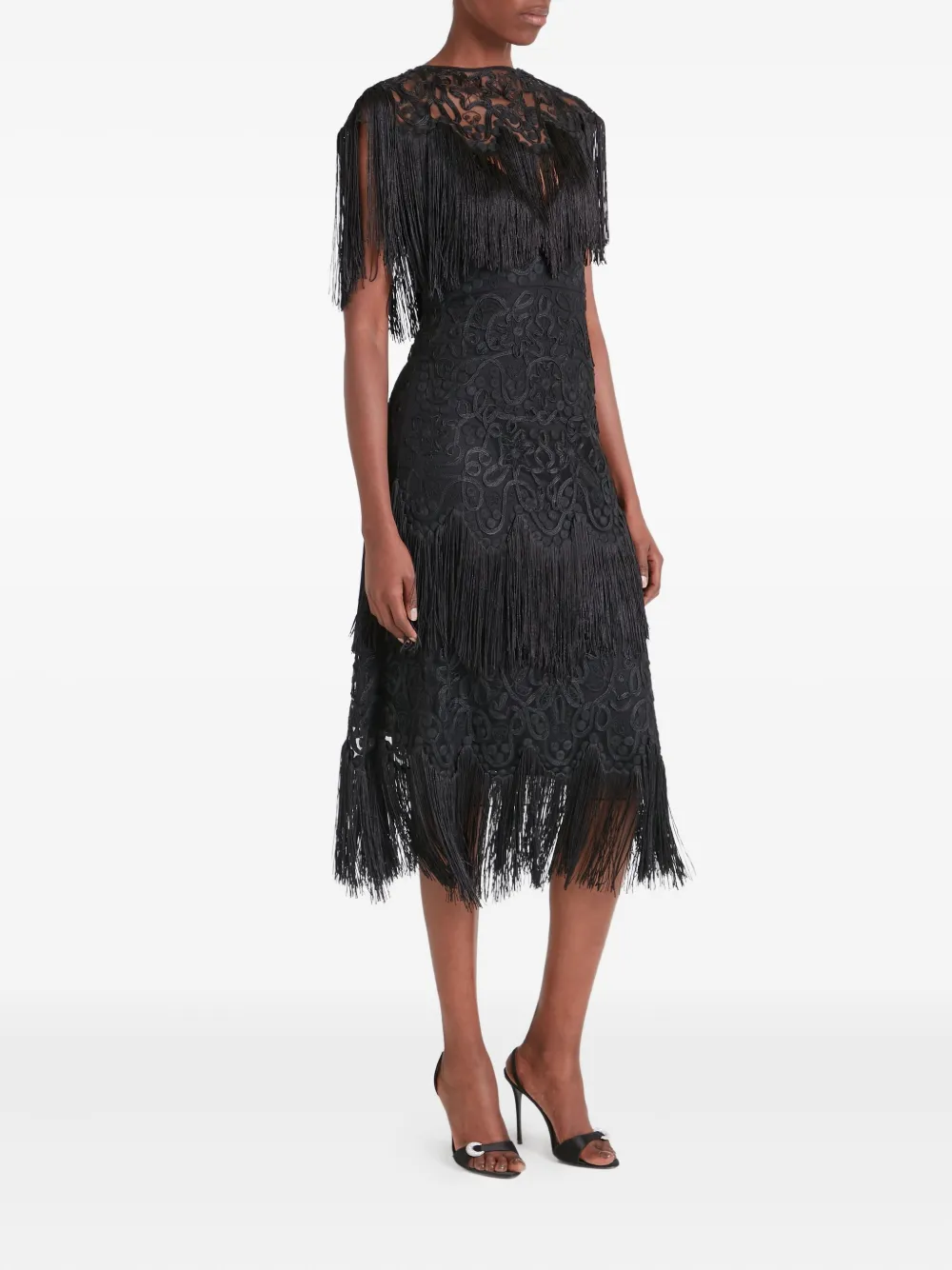 Temperley London Cordelle Tassel Short-sleeves Midi Dress In Black