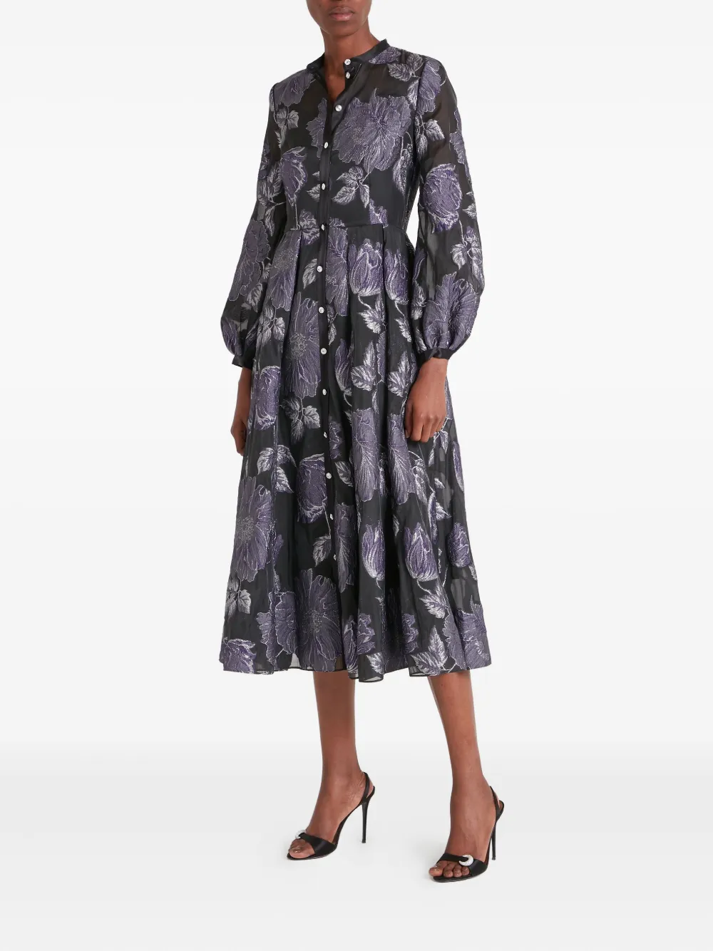 Temperley London Bridget Cocktail Floral-print Button-front Midi Dress In Black