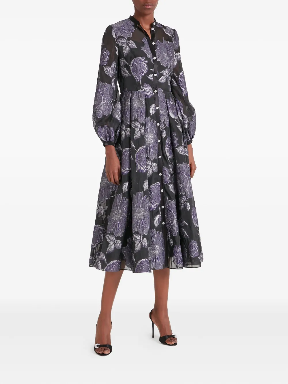 Temperley London Bridget Cocktail midi-jurk met bloemenprint en knopen - Zwart