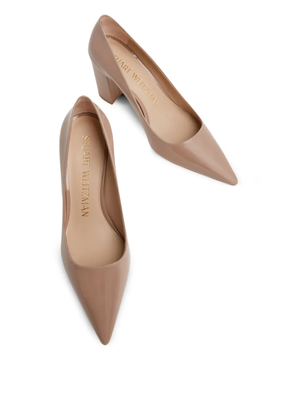 Stuart Weitzman 85 mm Stuart pumps met puntige neus en blokhak Beige