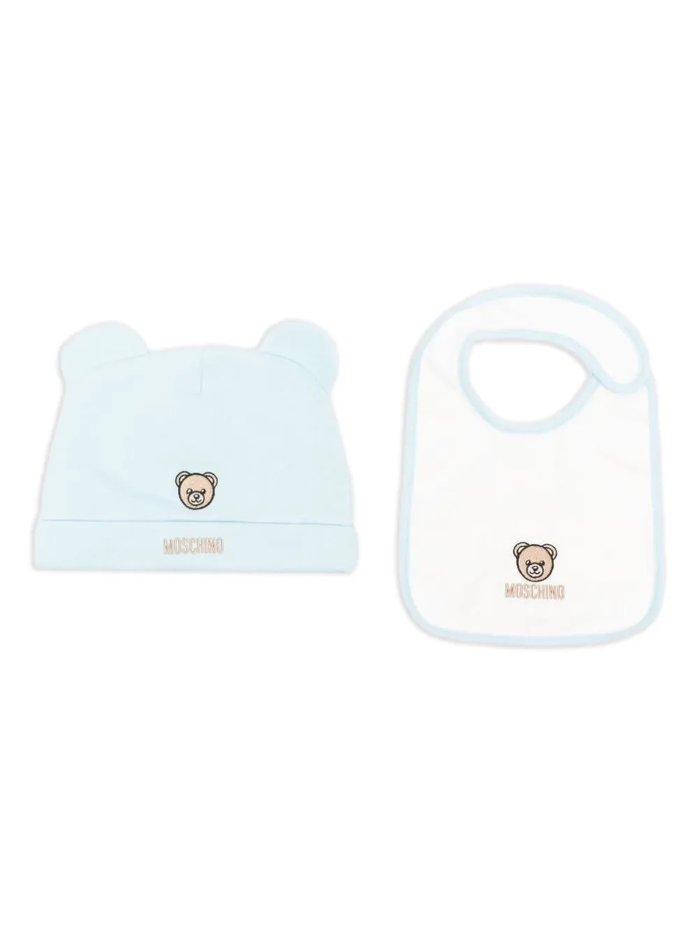 Moschino Babies' Teddy-embroidered Hat Bib Set In Blue