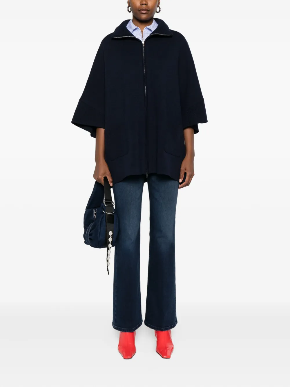 Anne Claire High-neck Zip-front Jacket In Blue