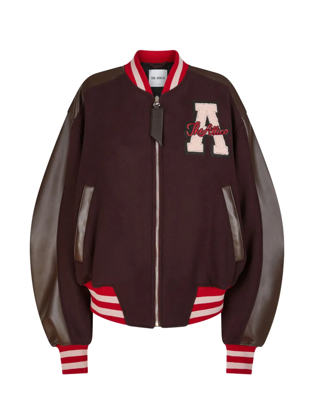 Attico Leather-sleeved Logo-patch Bomber Jacket In Brown