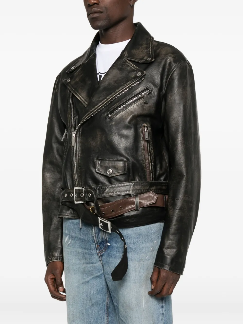 Dsquared2 Belted Leather Biker Jacket In Black