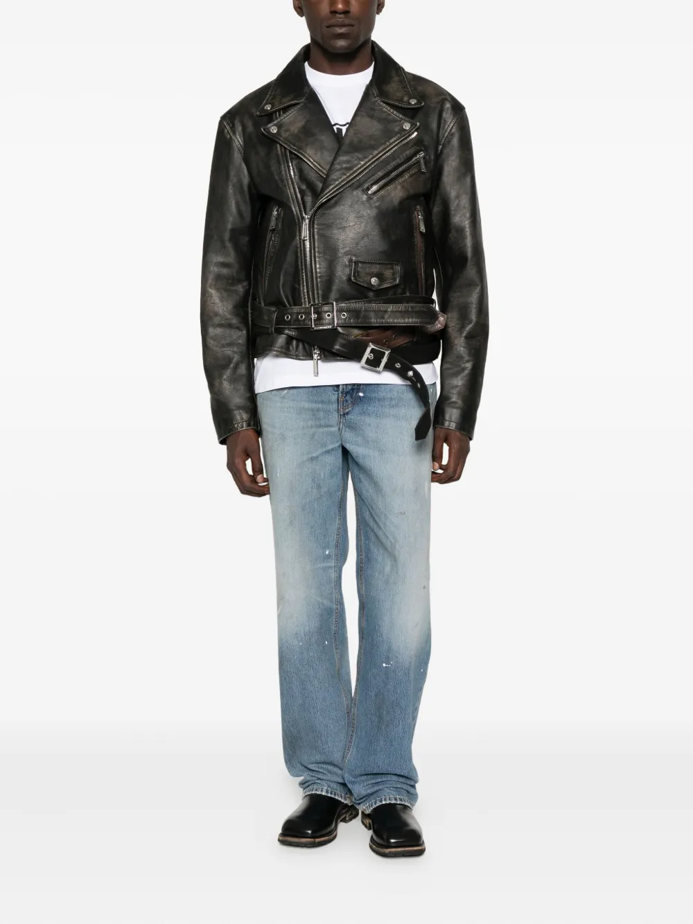 Dsquared2 Belted Leather Biker Jacket In Black