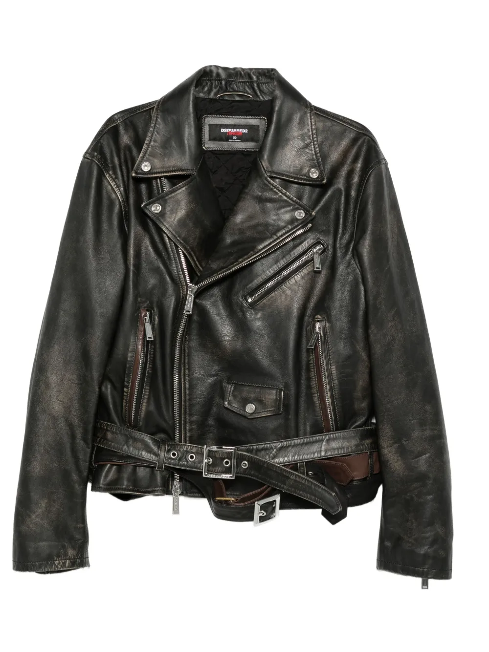 Dsquared2 Belted Leather Biker Jacket In Black