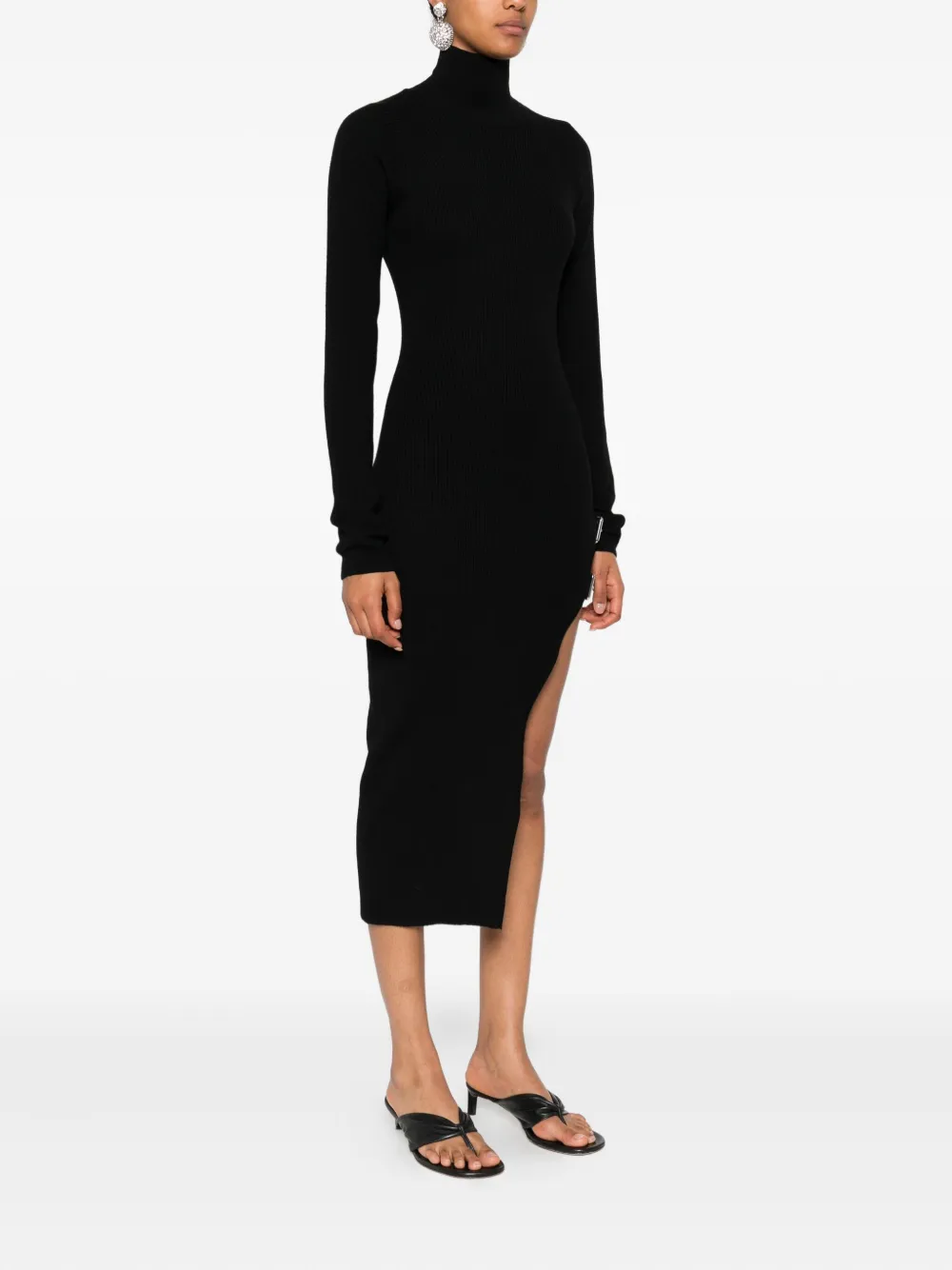 Blumarine ribbed turtleneck buckle-detail asymmetric party dress Zwart