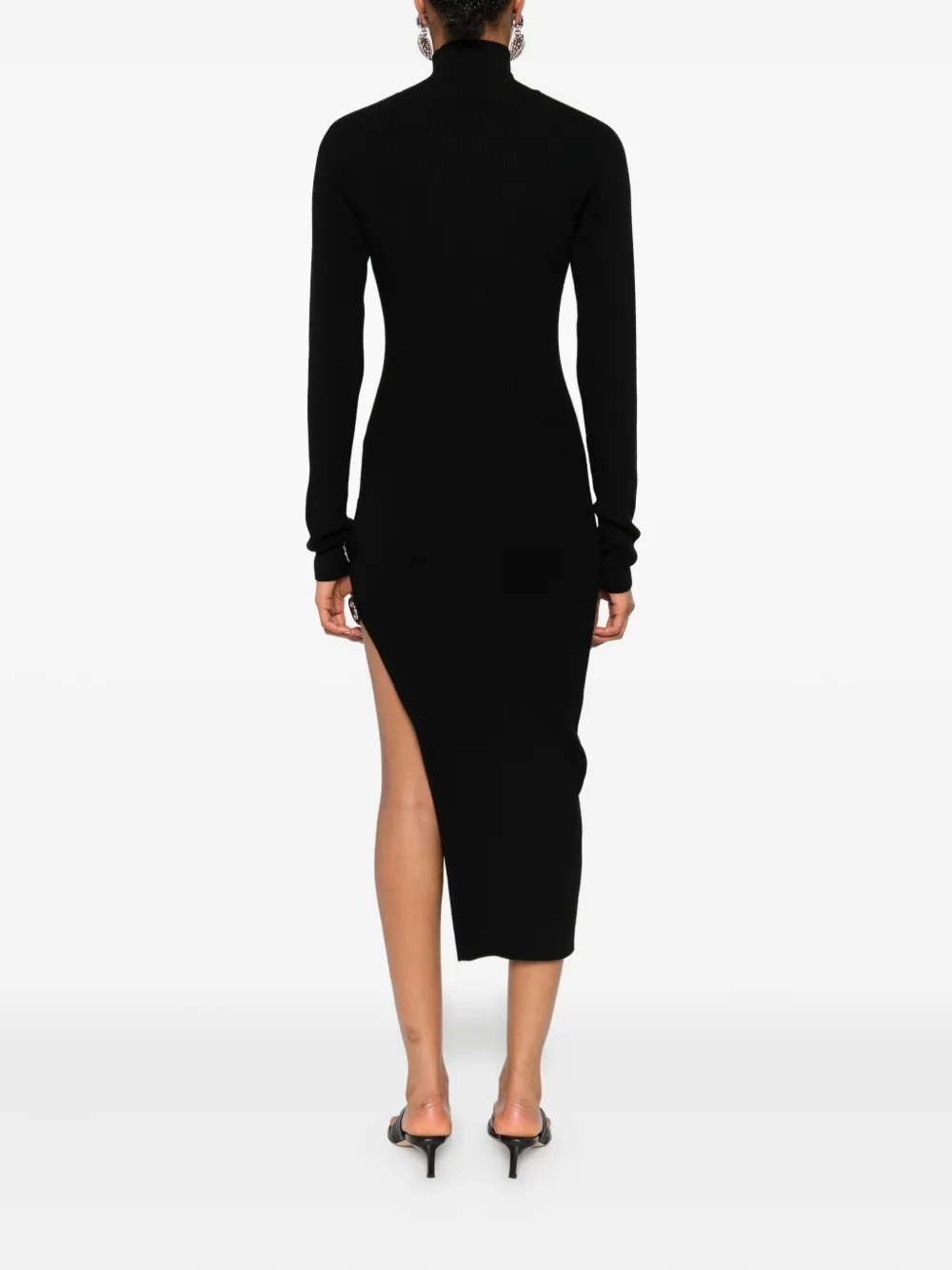 Blumarine ribbed turtleneck buckle-detail asymmetric party dress Zwart