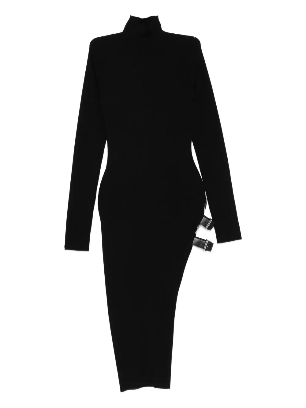 Blumarine ribbed turtleneck buckle-detail asymmetric party dress Zwart