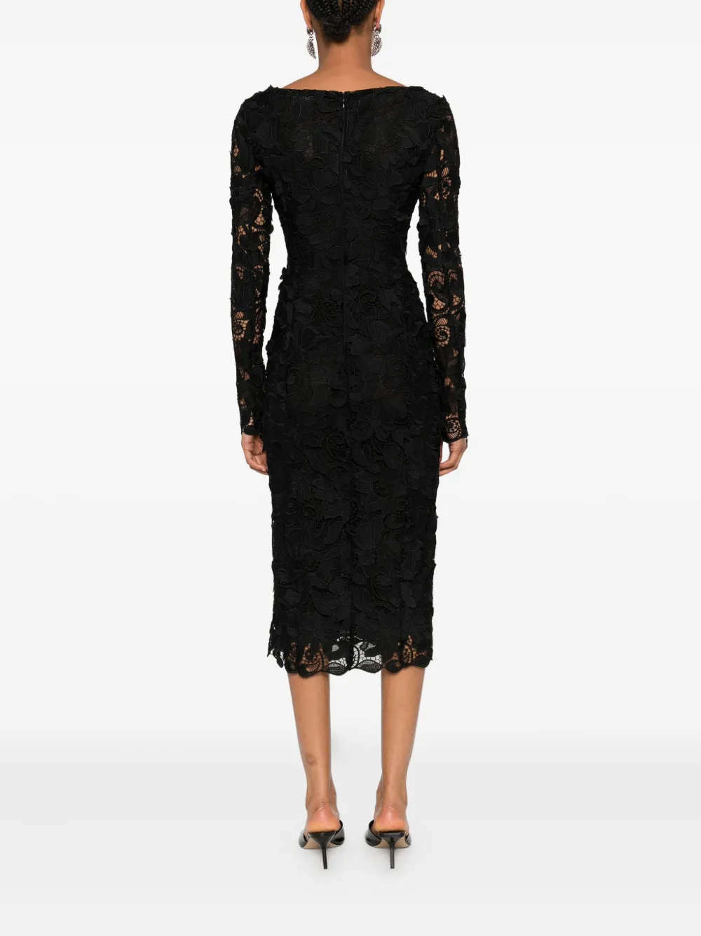 Blumarine floral-lace long-sleeves midi party dress Zwart