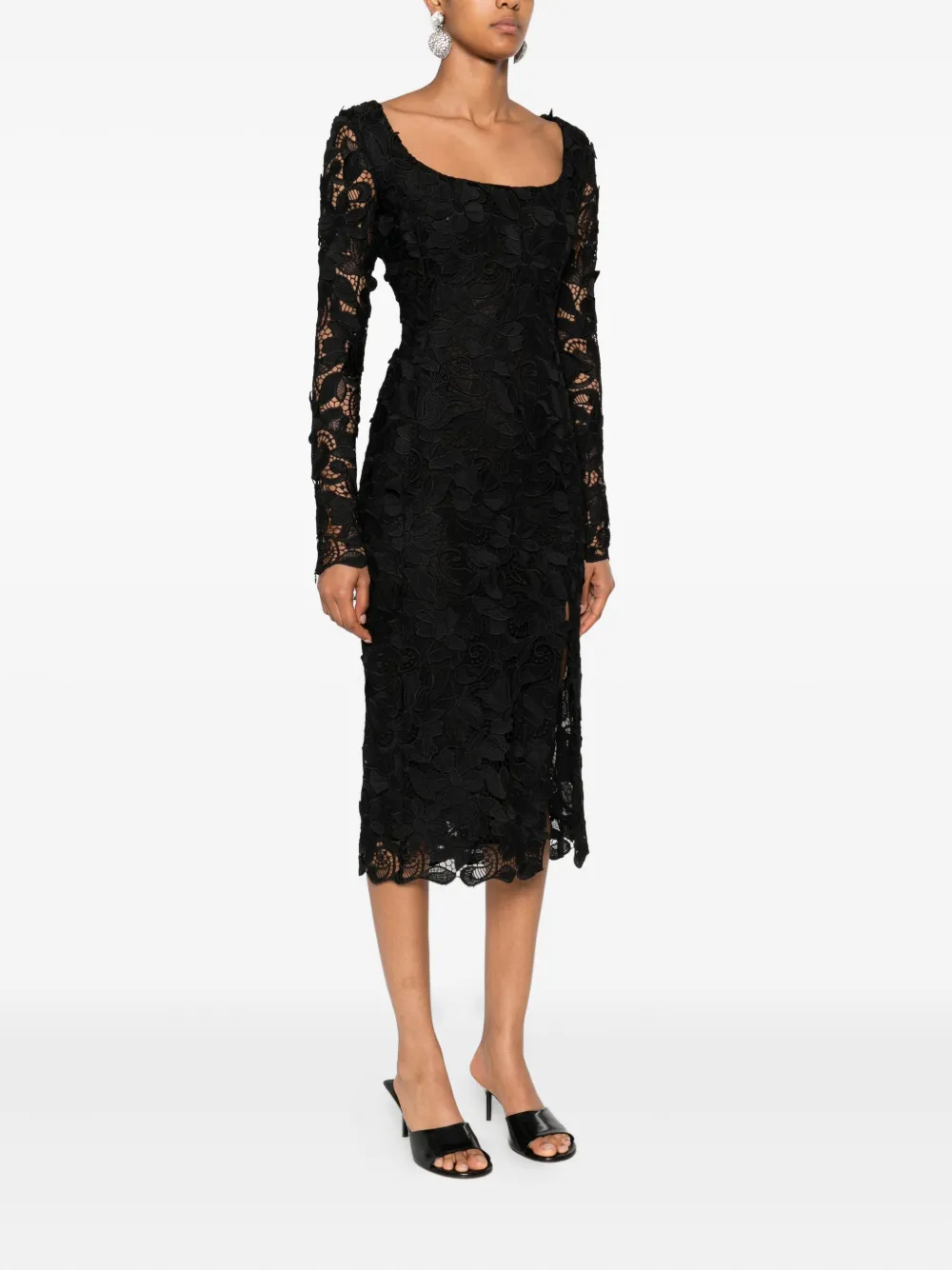 Blumarine floral-lace long-sleeves midi party dress Zwart