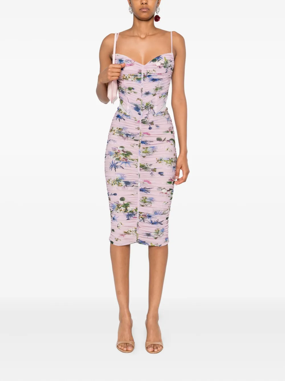 Blumarine floral-print ruched midi day dress - Roze
