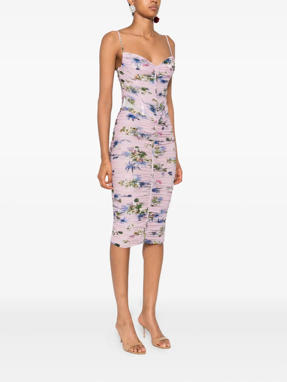 Blumarine floral-print ruched midi day dress Roze
