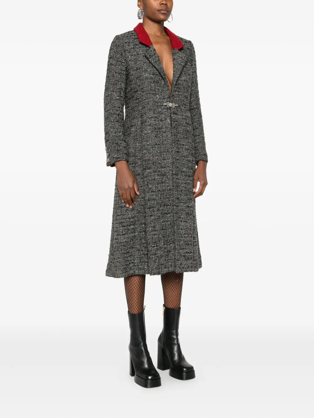 Pre-owned Chanel Tweed Embellished Coat In Gray
