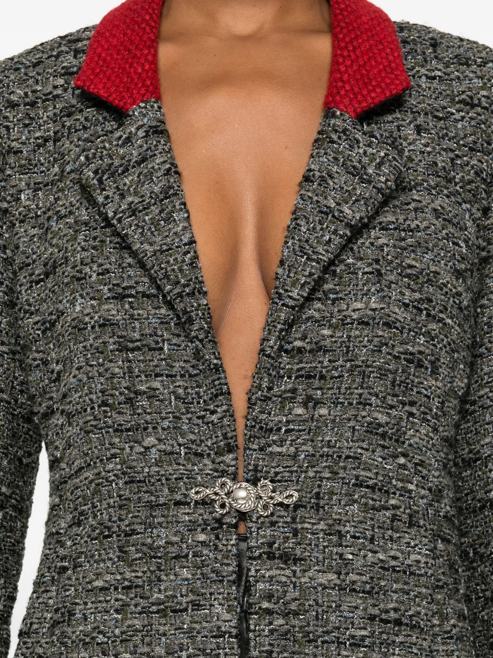 Pre-owned Chanel Tweed Embellished Coat In Gray