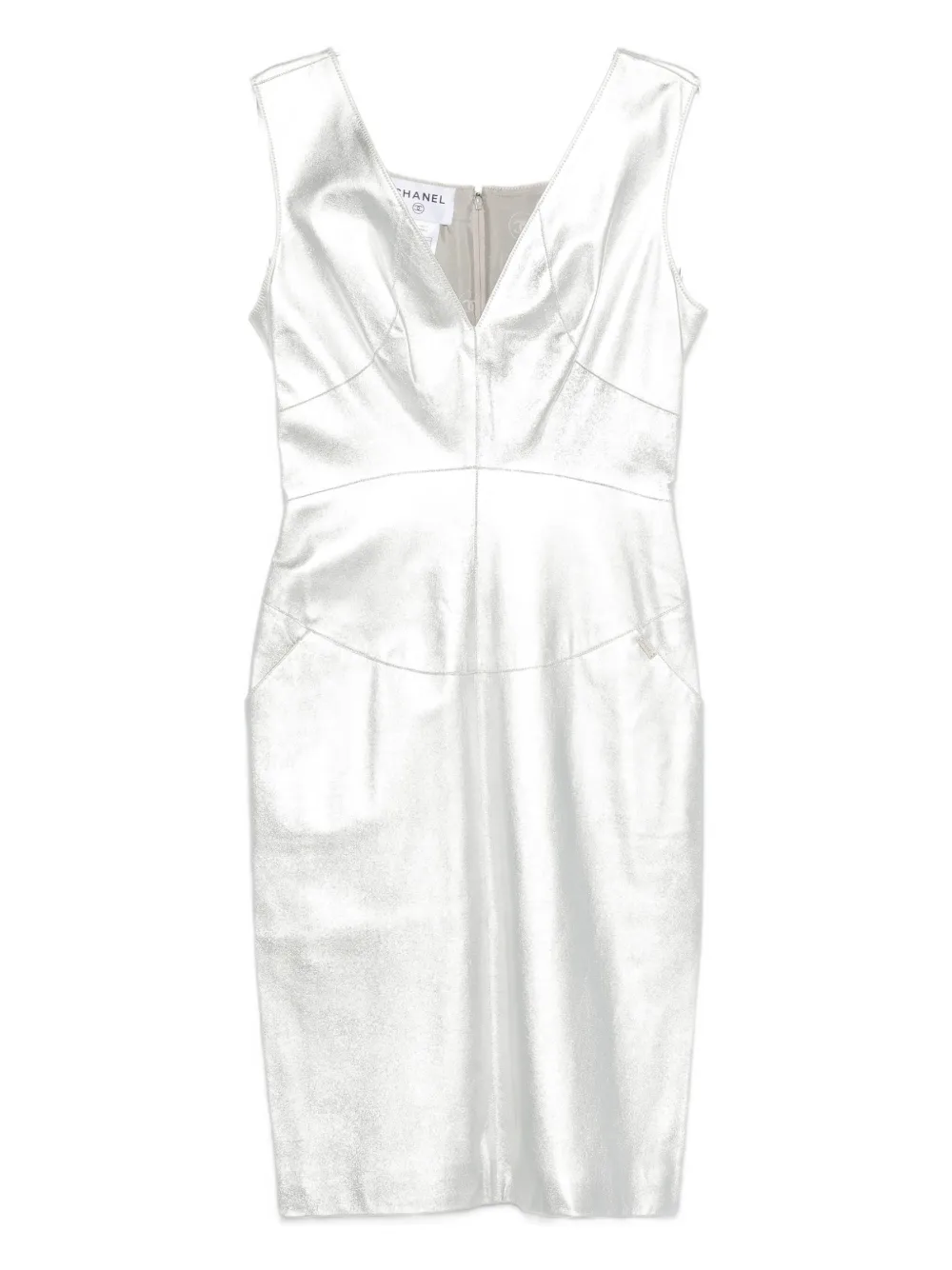 Pre-owned Chanel Lambskin V-neck Dress In Silver