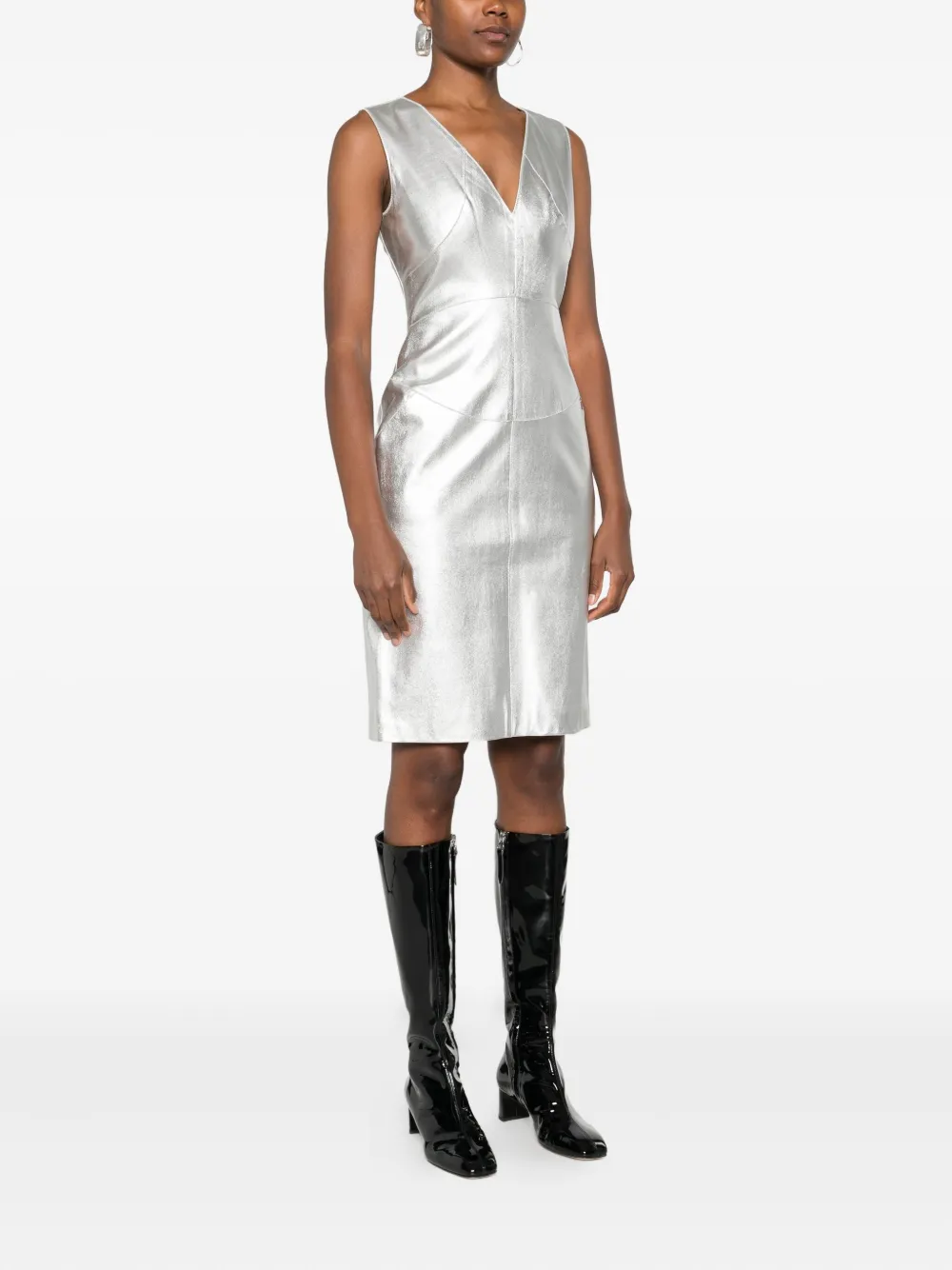 Pre-owned Chanel Lambskin V-neck Dress In Silver