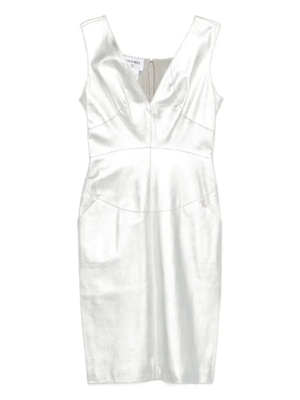 chanel silver dress CHANEL Off Shoulder Sequin Bustier Satin Prom & Formal Dress Champagne / 12 USA