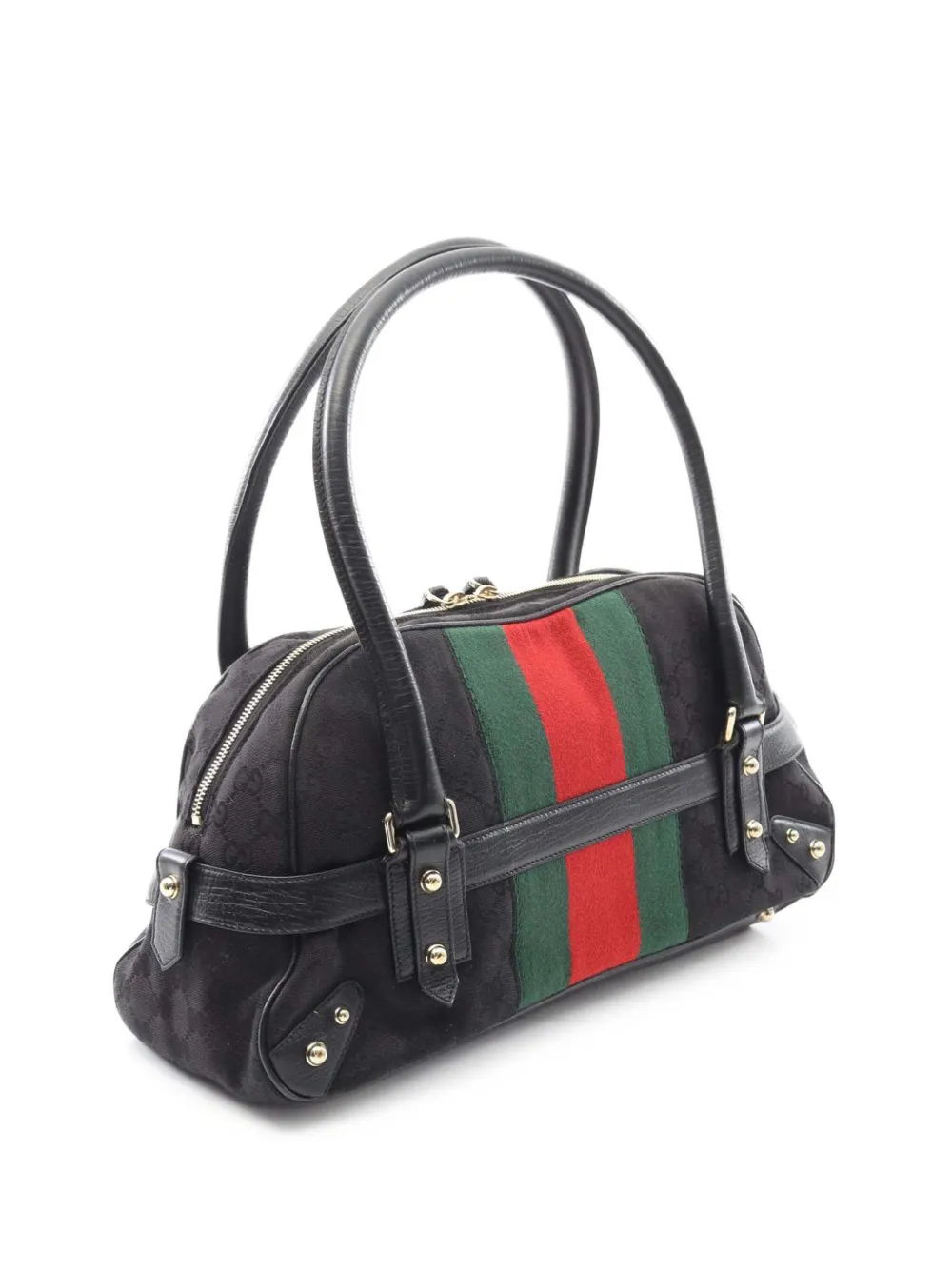 Pre-owned Gucci 2000-2015 Gg Canvas Horsebit Web Shoulder Bag In Black