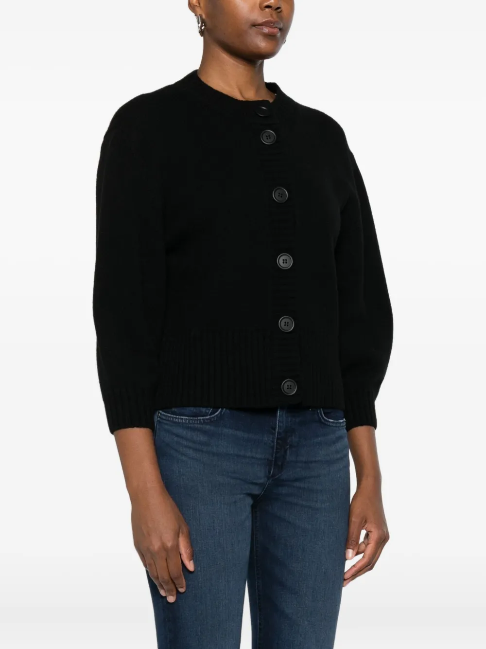 Anne Claire Crew-neck Puff-sleeve Cardigan In Black
