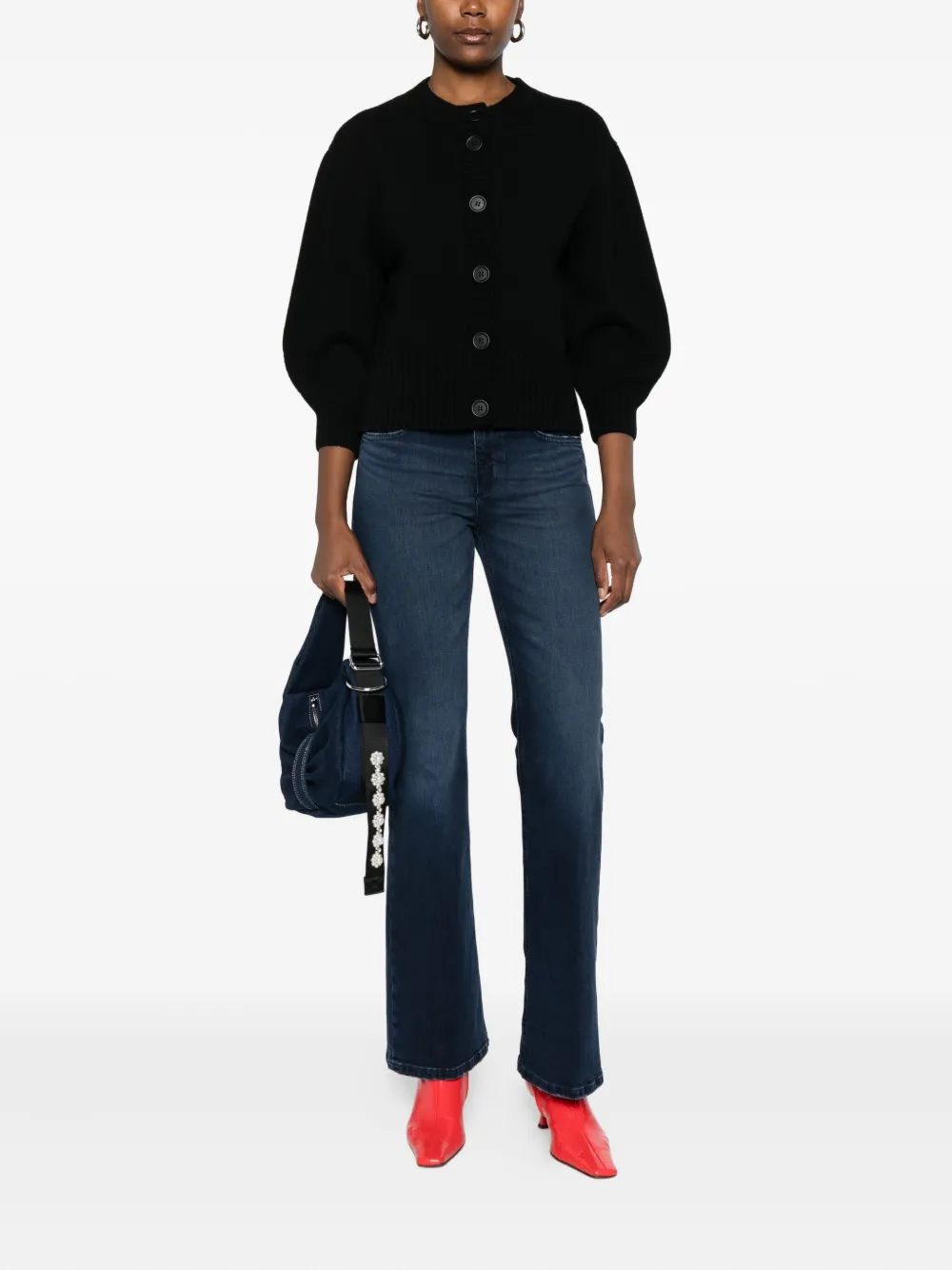 Anne Claire Crew-neck Puff-sleeve Cardigan In Black