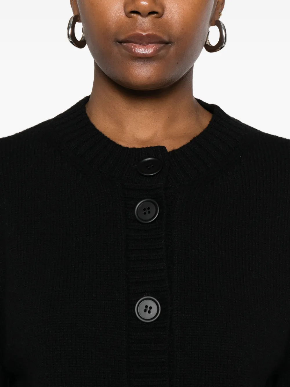 Anne Claire Crew-neck Puff-sleeve Cardigan In Black