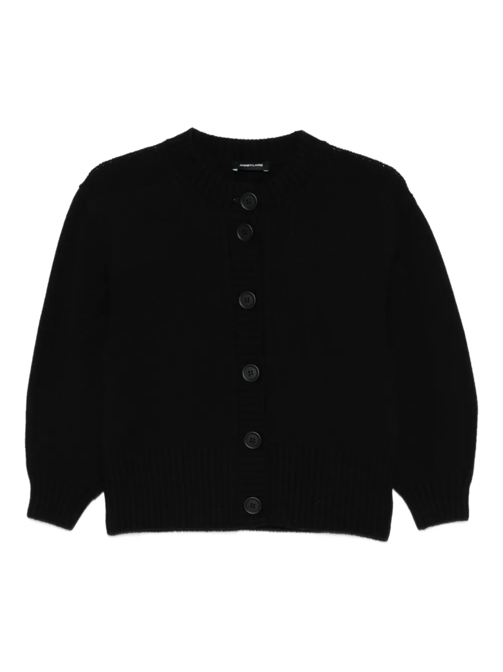 Anne Claire Crew-neck Puff-sleeve Cardigan In Black