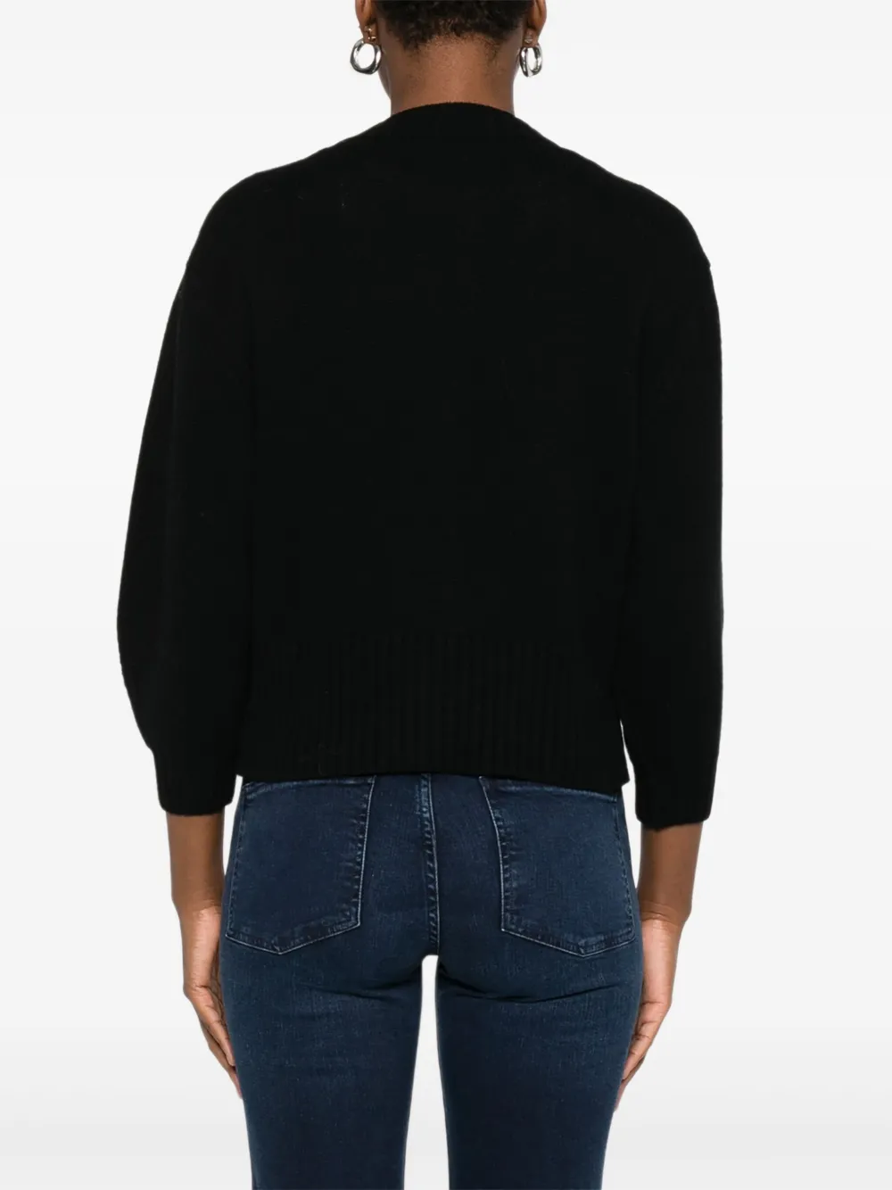 Anne Claire Crew-neck Puff-sleeve Cardigan In Black