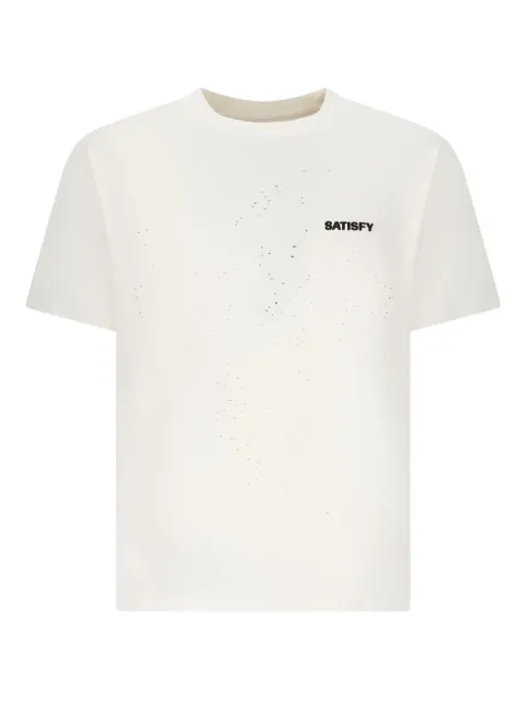 Satisfy distressed-detail logo-print T-shirt