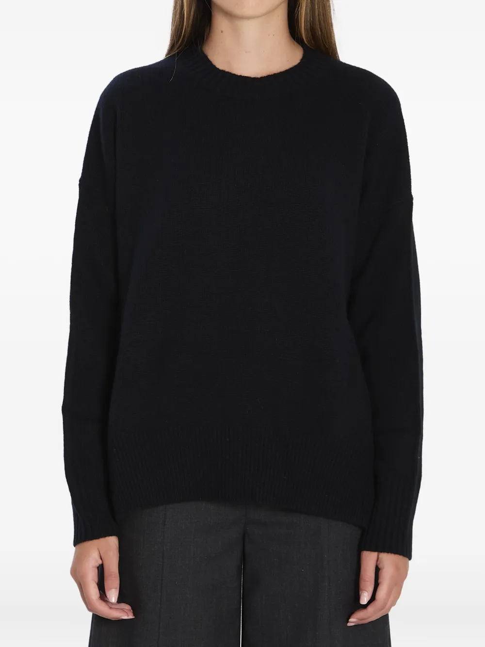 Allude Geribbelde kasjmier trui met ronde hals Zwart