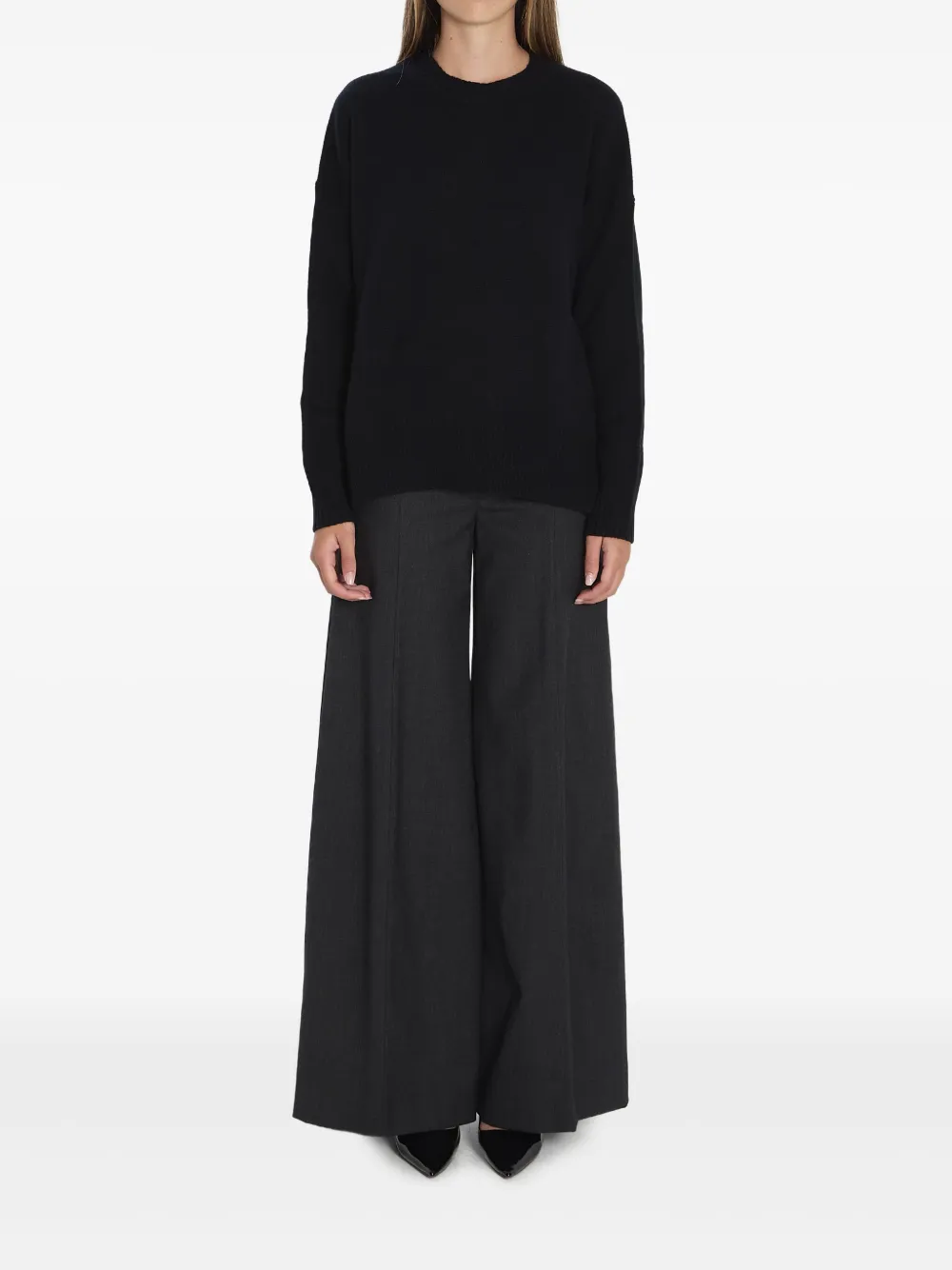 Allude Geribbelde kasjmier trui met ronde hals Zwart