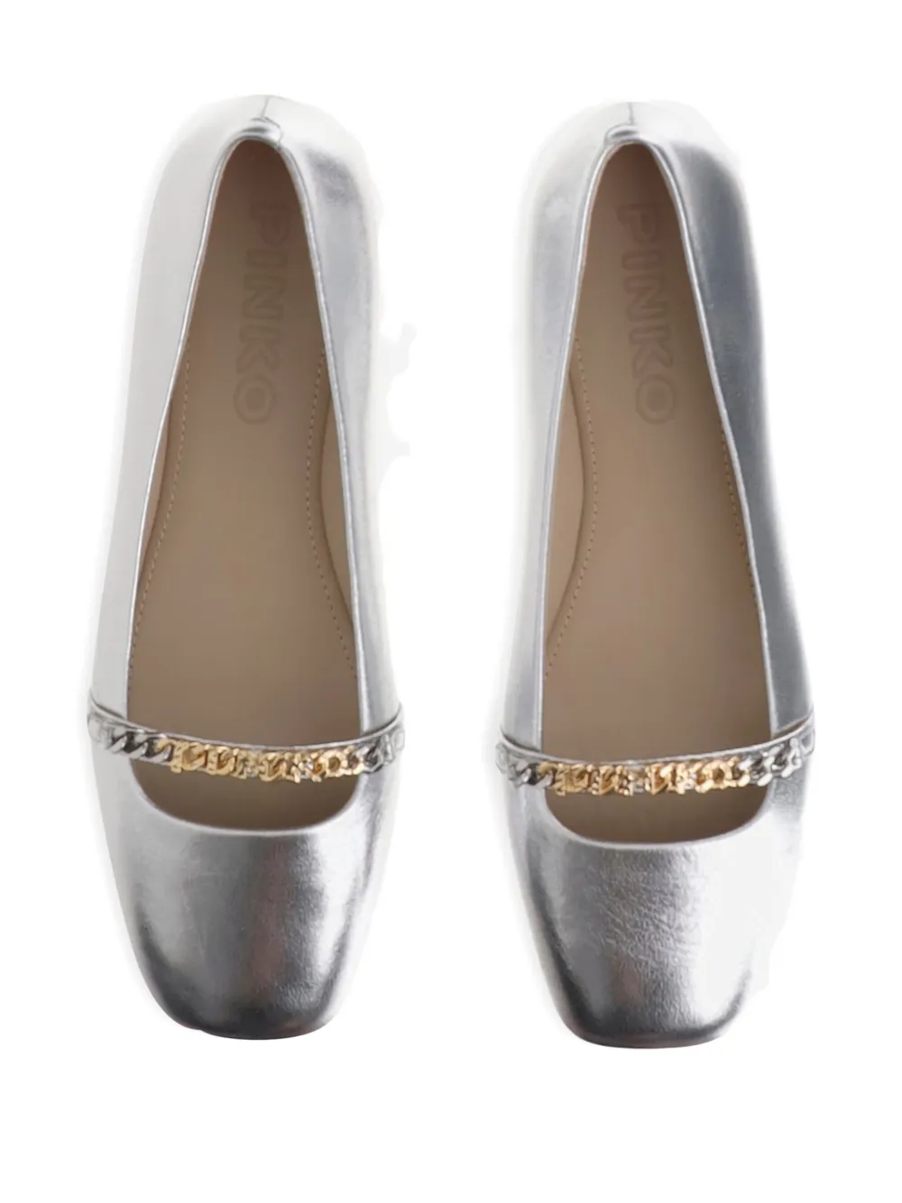 Pinko Pointed Toe Flats With Metallic Silver Finish And Chain Detail In Gray