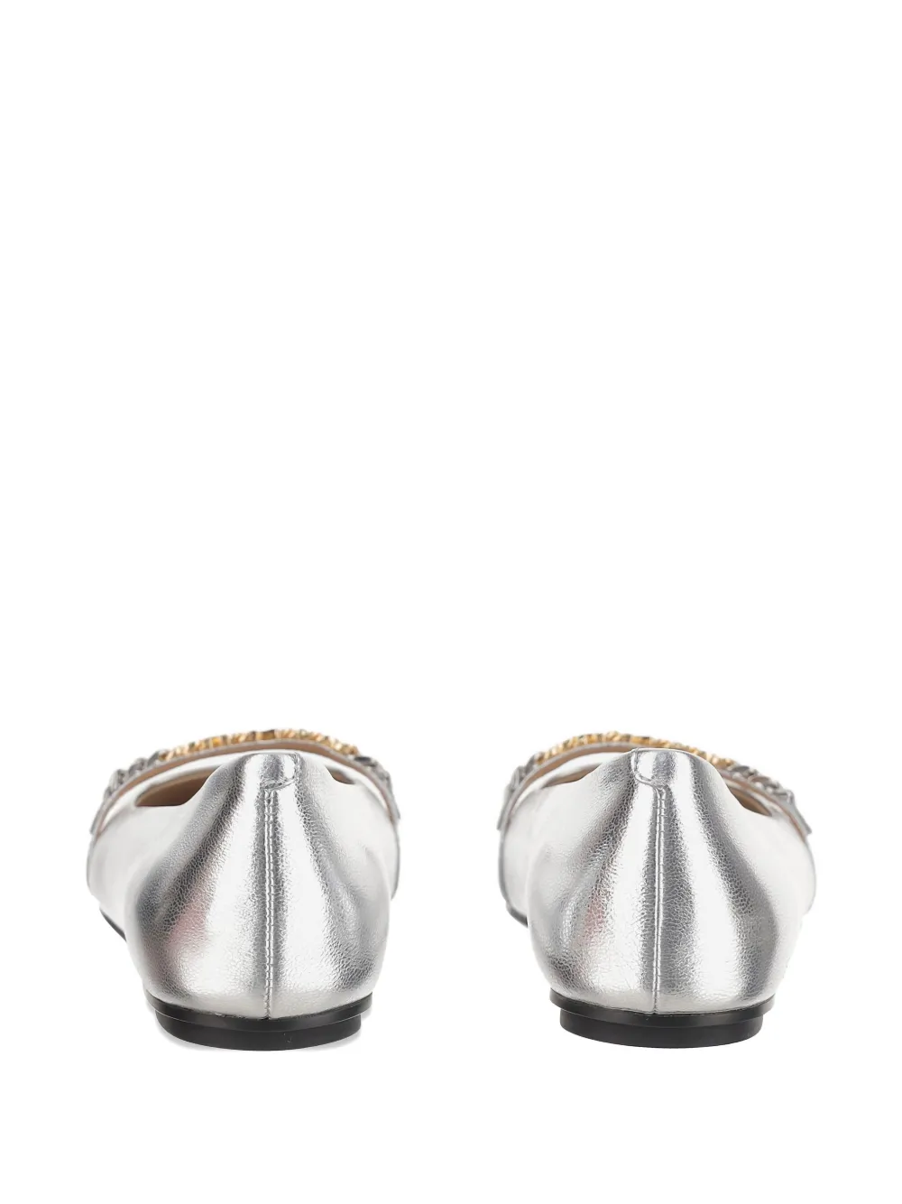 Pinko Pointed Toe Flats With Metallic Silver Finish And Chain Detail In Gray