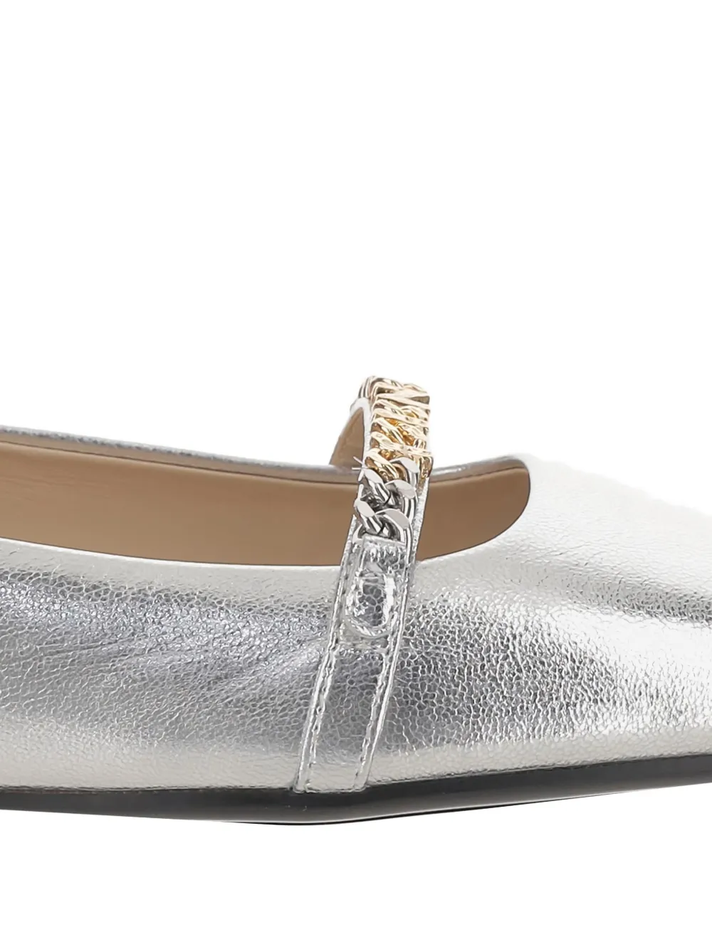 Pinko Pointed Toe Flats With Metallic Silver Finish And Chain Detail In Gray