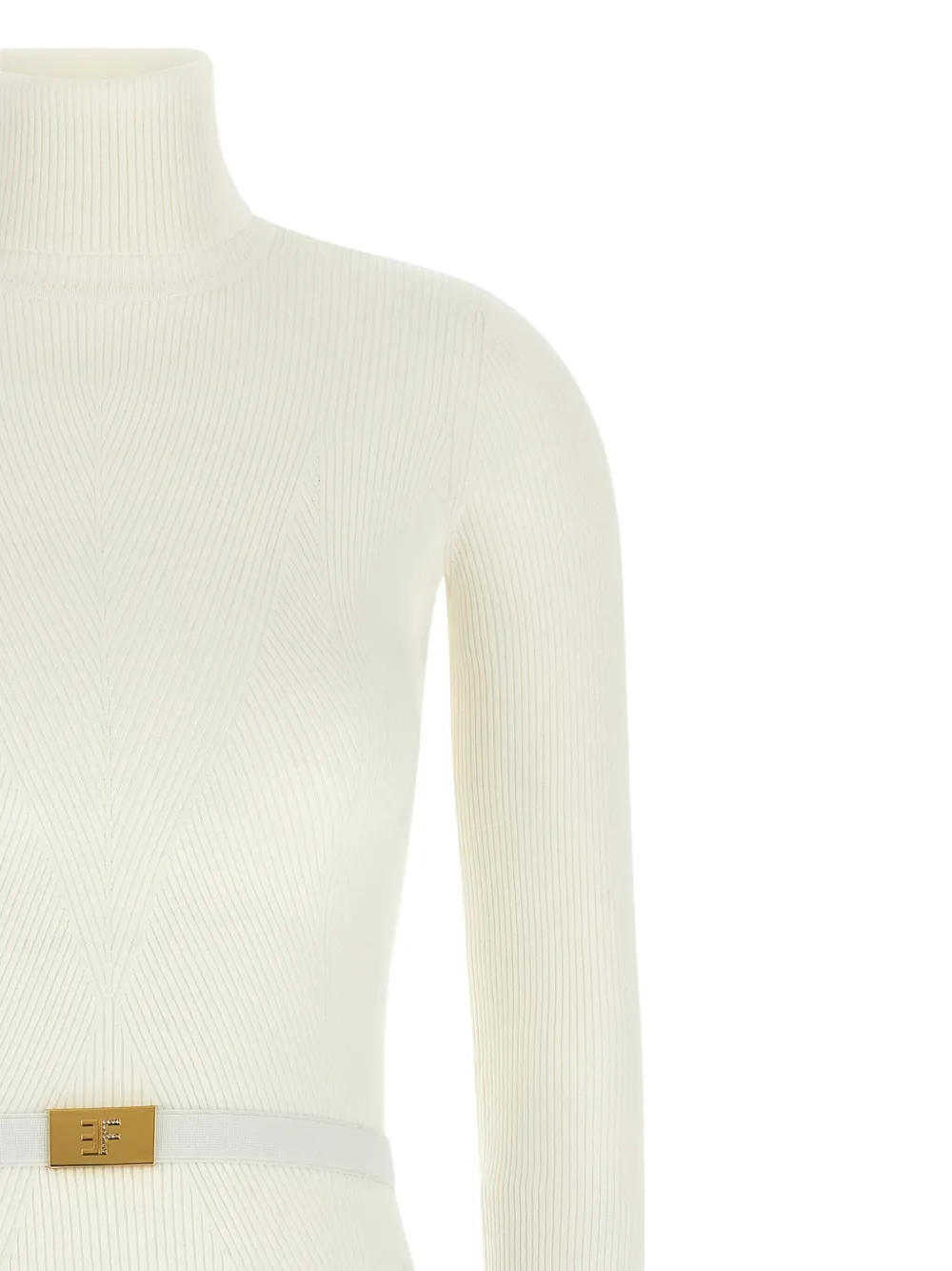 Elisabetta Franchi Geribbelde midi-jurk met hoge hals en ceintuur Wit