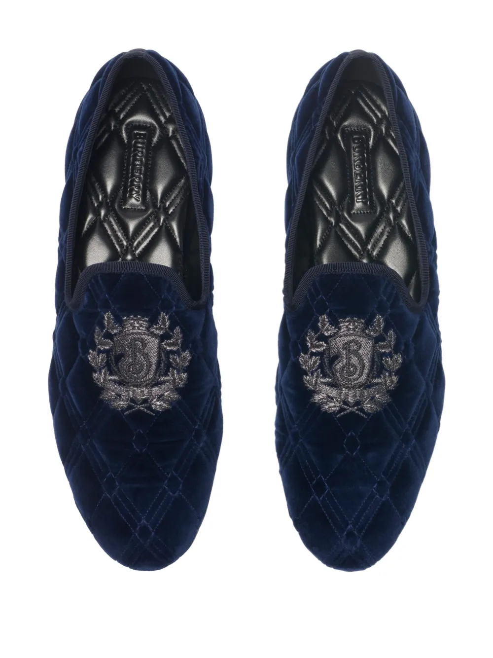 Burberry Velvet Quilted Estate Slippers In Blue