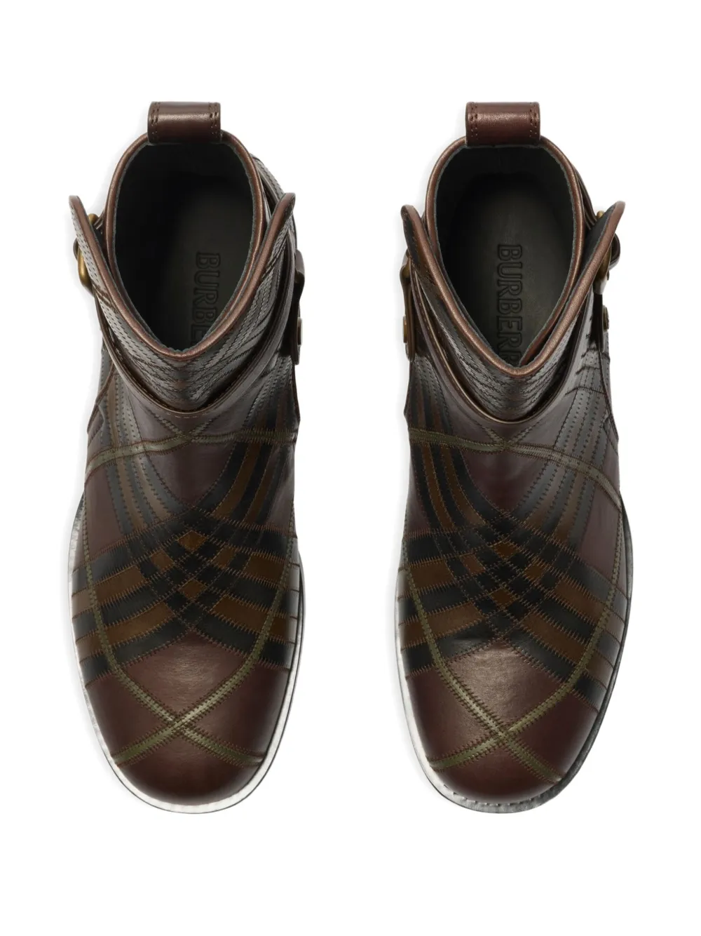Burberry Check Leather Boots In Brown