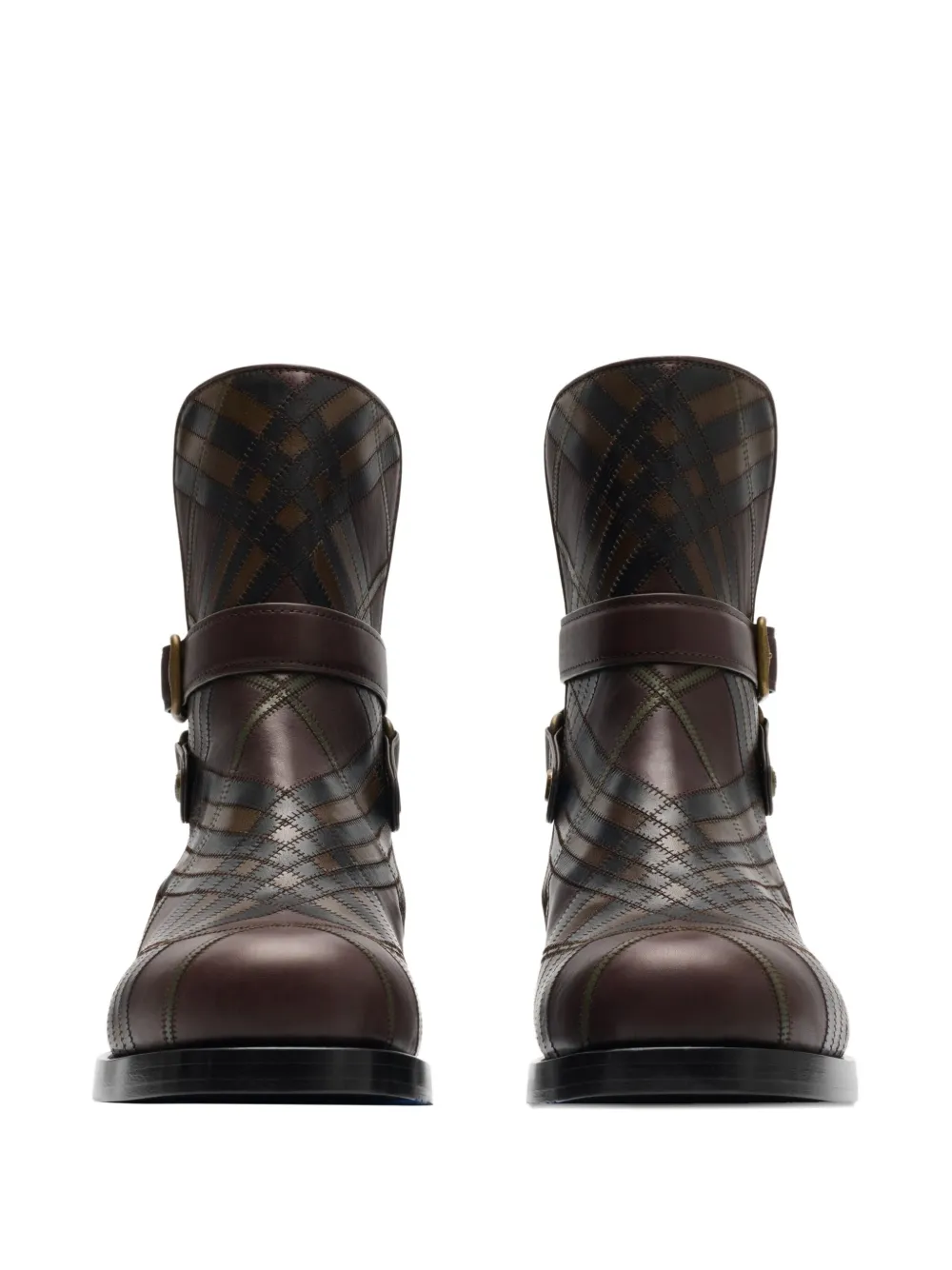 Burberry Check Leather Boots In Brown