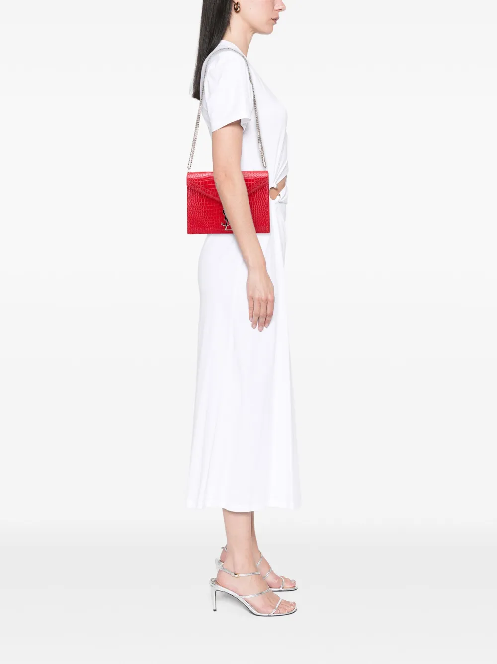 Pre-owned Saint Laurent 2019 Croc Embossed Leather Monogram Cassandra Clasp Bag Crossbody Bag In Red