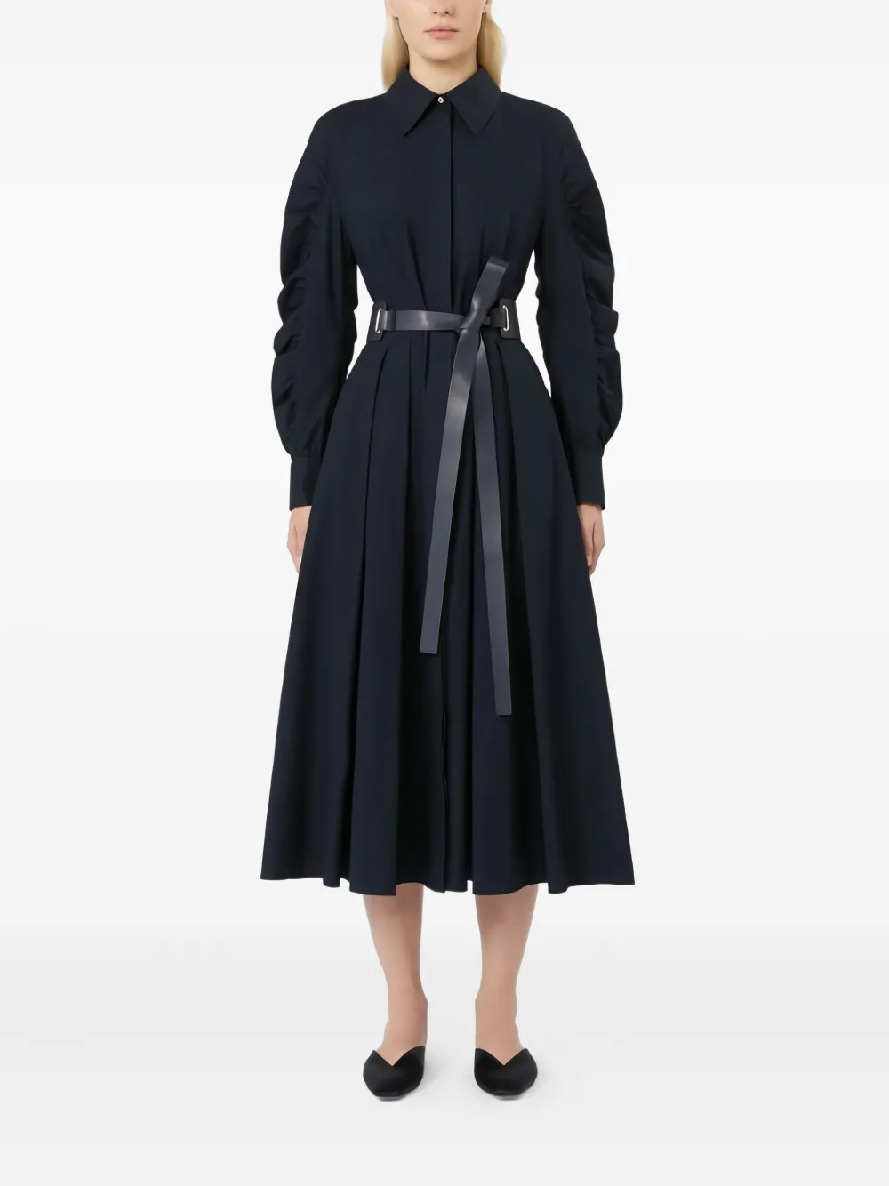 Max Mara Midi-jurk met pofmouwen en ceintuur Zwart