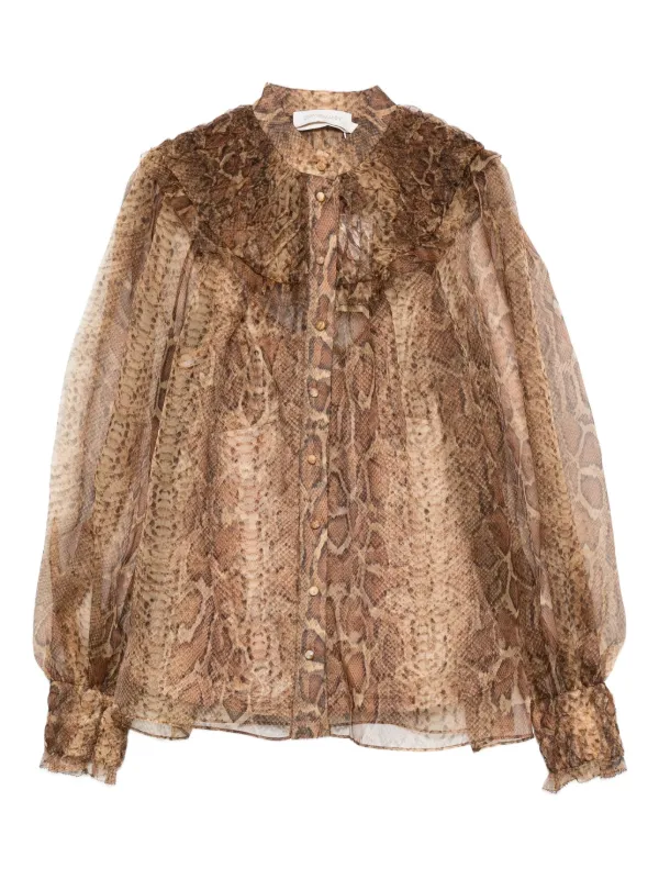 Zimmermann Ruffle-trimmed Silk Shirt in Brown