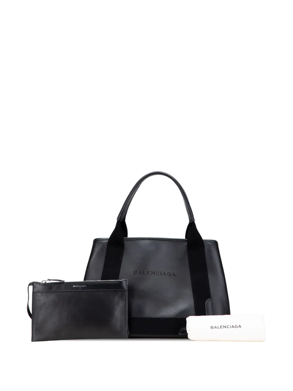 Pre-owned Balenciaga 2017 Calfskin Perforated Navy Cabas S Tote Bag In Black