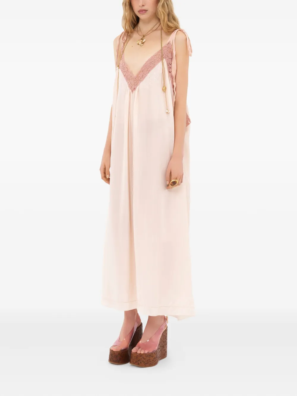 Chloé silk habotai lace-trim maxi dress - Roze