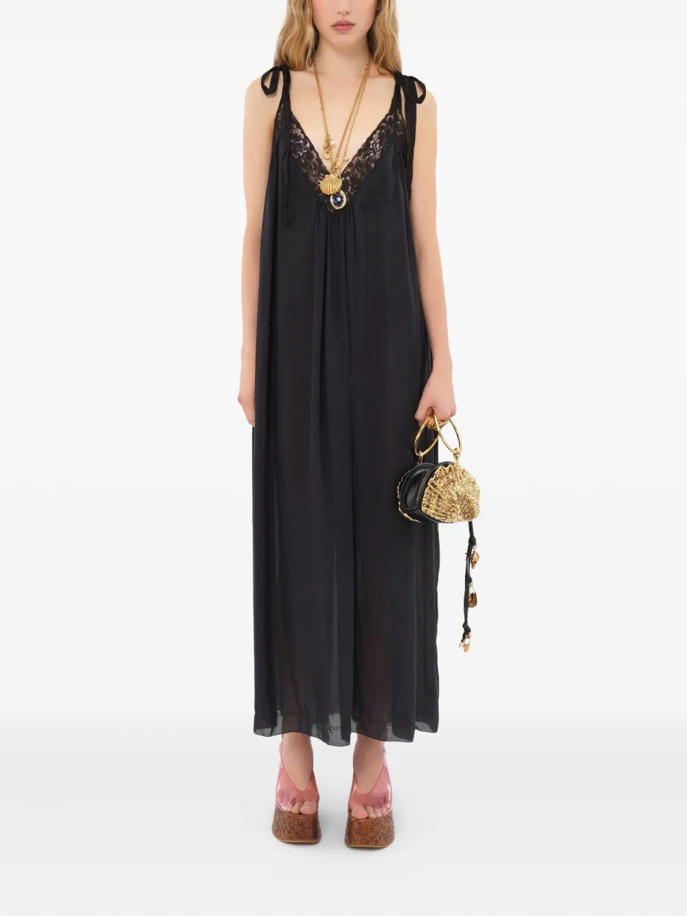Chloé silk charmeuse lace maxi dress - Zwart