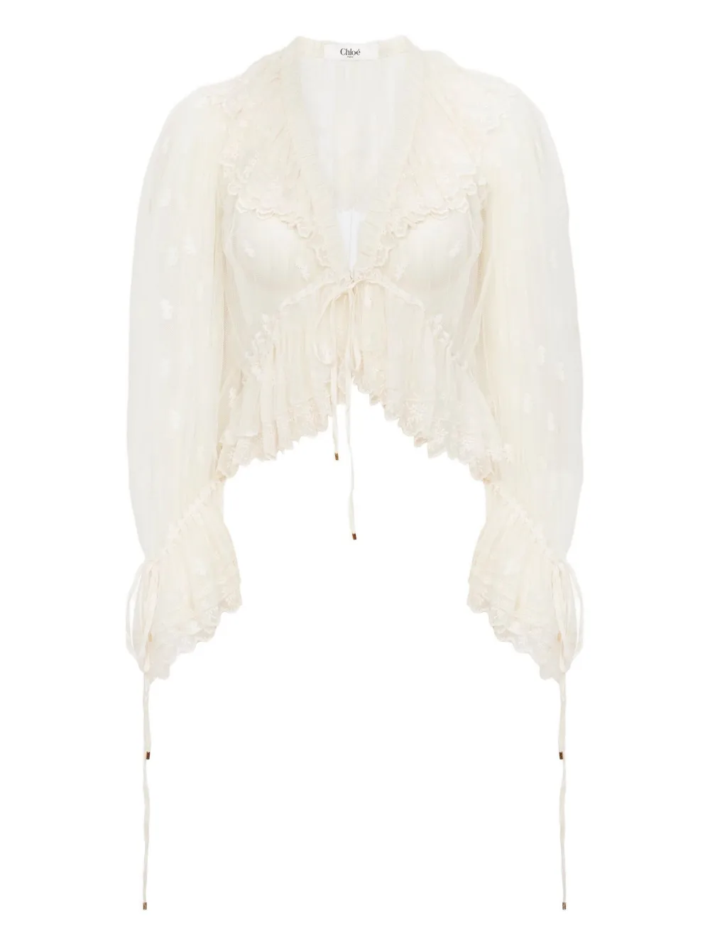 Chloé v-neck ruffled embroidery lace blouse | Neutrals | Image 1