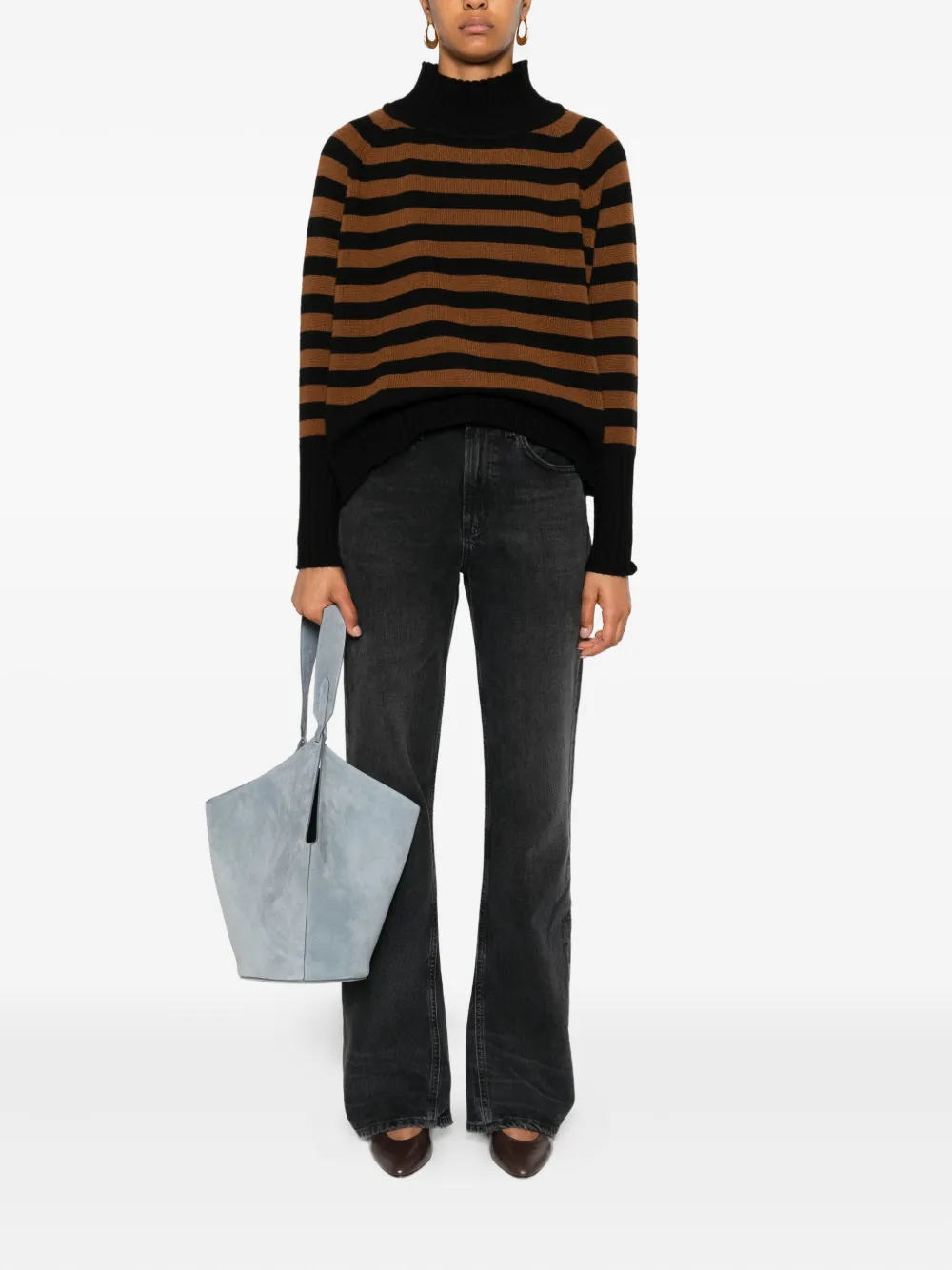 Beyou High-neck Striped Sweater In Brown
