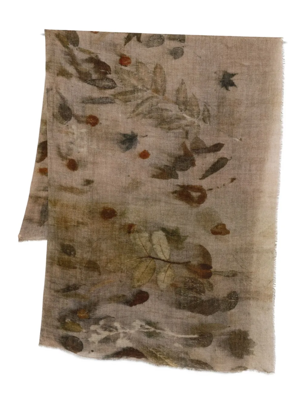 Faliero Sarti leaf-print frayed scarf Beige
