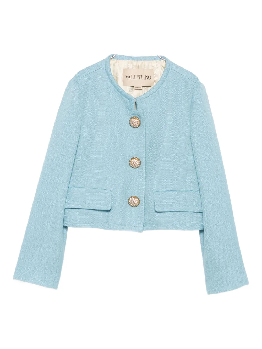 Valentino Womens Bluish Grey Embellished-button Round-neck Woven Jacket In Blue