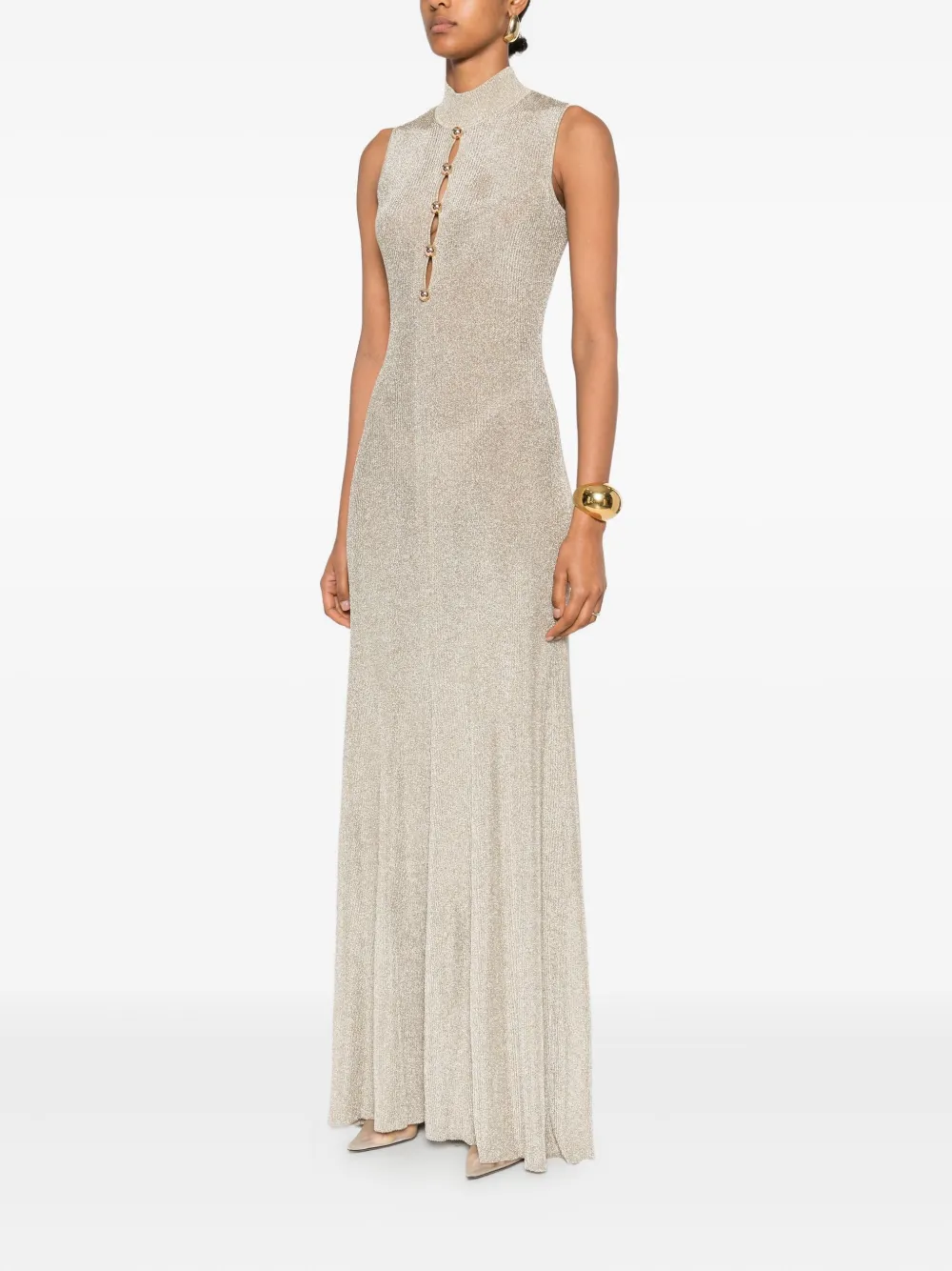 Self-Portrait turtleneck button-front maxi evening dress Beige
