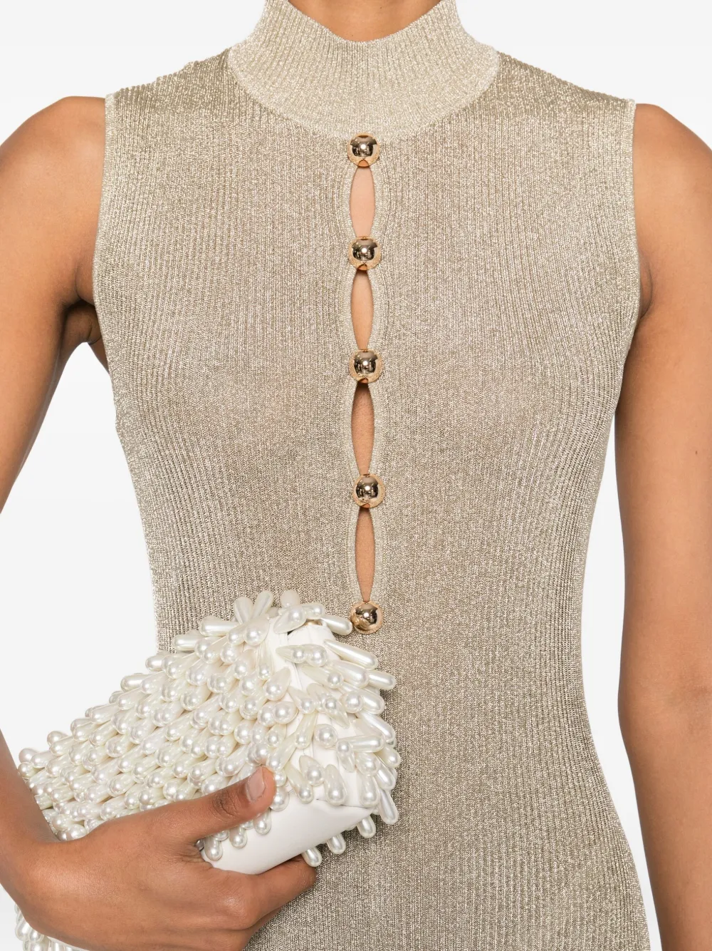 Self-Portrait turtleneck button-front maxi evening dress Beige